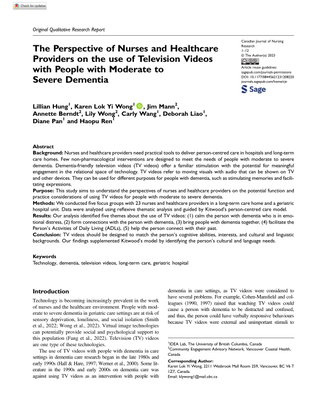 Zinnia Research:  The Perspective of Nurses and Healthcare Providers on the use of Television Videos with People with Moderate to Severe Dementia