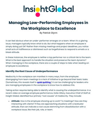 Managing Low-Performing Employees in the Workplace to Excellence