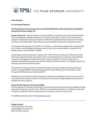 The Plan Sponsor University Announces Certified 401(k) Plan Fiduciary Program at DeSales University in Center Valley, PA.
