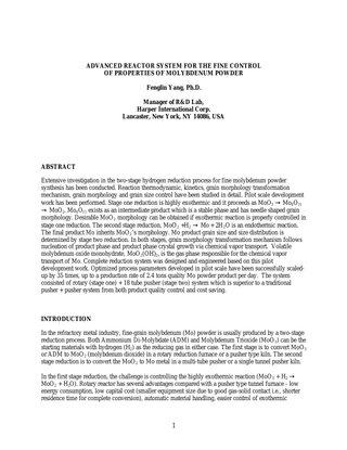 Advanced Reactor for the Fine Control of Properties of Molybdenum Powder 