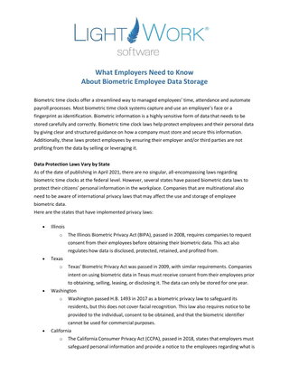 What Employers Need to Know  About Biometric Employee Data Storage