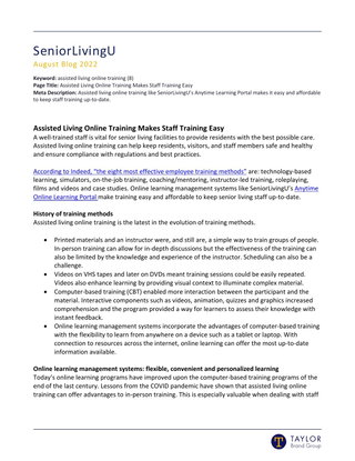 Assisted Living Online Training Makes Staff Training Easy