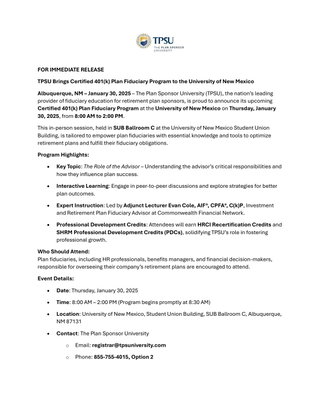 TPSU Brings Certified 401(k) Plan Fiduciary Program to the University of New Mexico