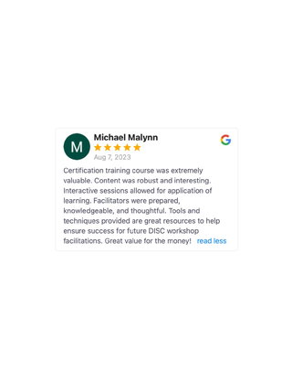 July 2023 - DiSC Certification Course taught by Center for Internal Change is given 5-star review