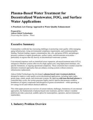 Plasma-Based Water Treatment for Decentralized Wastewater, FOG, and Surface Water Applications
