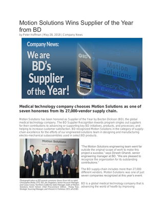 Motion Solutions Wins Supplier of the Year from BD
