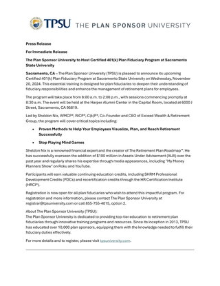 The Plan Sponsor University to Host Certified 401(k) Plan Fiduciary Program at Sacramento State University
