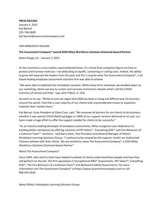 The Assessment Company® named 2020 Wiley Workforce Solutions Diamond Award Partner