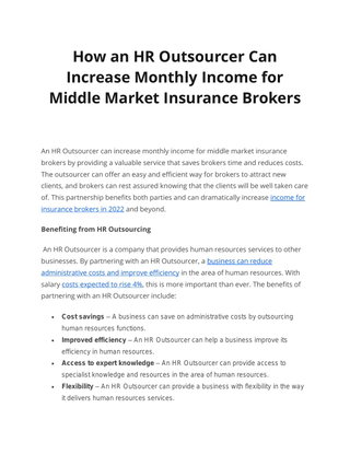 How an HR Outsourcer Can  Increase Monthly Income for  Middle Market Insurance Brokers
