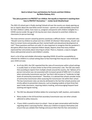 Back to School: Fears and Solutions for Parents and their Children