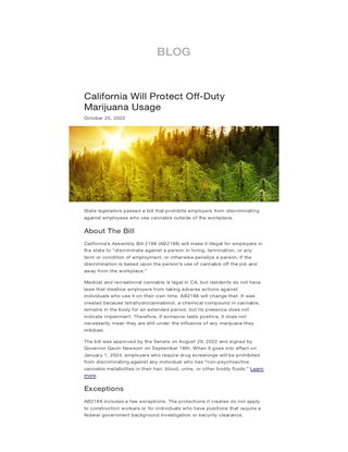 California Will Protect Off-Duty Marijuana Usage
