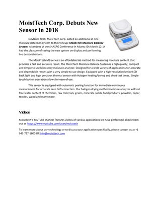 MoistTech Corp. Debuts New Sensor in 2018