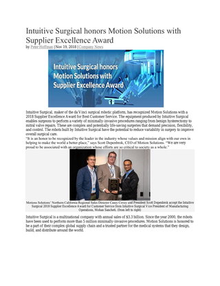 Intuitive Surgical honors Motion Solutions with Supplier Excellence Award