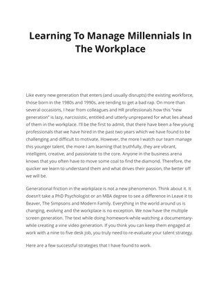 Learning To Manage Millennials In The Workplace    