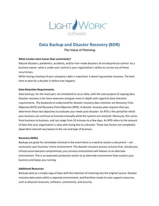 Data Backup and Disaster Recovery (BDR) The Value of Planning