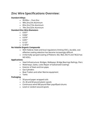 Zinc Wire Specifications Overview