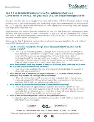 Top 5 Fundamental Questions to Ask When Interviewing Candidates in the U.S. for your Lead U.S. Tax D