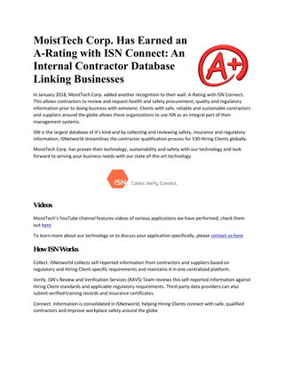 MoistTech Corp. Has Earned an A-Rating with ISN Connect: An Internal Contractor Database Linking Bus