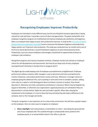 Recognizing Employees Improves Productivity