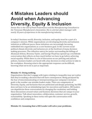 4 Mistakes Leaders should Avoid when Advancing Diversity, Equity & Inclusion