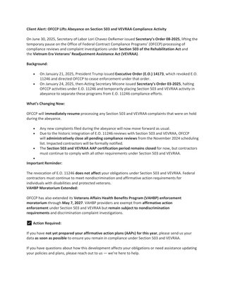 OFCCP Lifts Abeyance on Section 503 and VEVRAA Compliance Activity 
