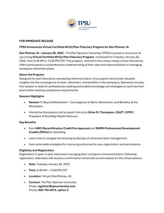 TPSU Announces Virtual Certified 401(k) Plan Fiduciary Program for Des Moines, IA