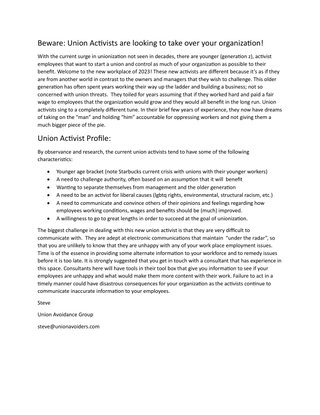 Beware: Union Activists are looking to take over your organization!