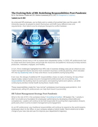 The Evolving Role of HR: Redefining Responsibilities Post-Pandemic