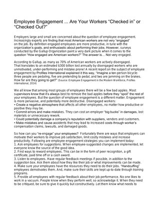 Employee Engagement ... Are Your Workers “Checked in” or “Checked Out?”