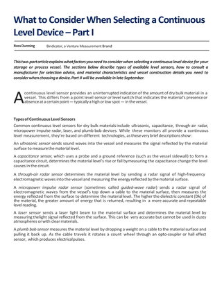 What to Consider When Selecting a Continuous Level Device – Part I