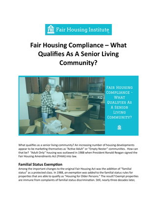 Fair Housing Compliance – What Qualifies As A Senior Living Community?
