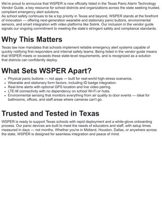 WSPER Officially Listed in the Texas Panic Alarm Technology Vendor Guide