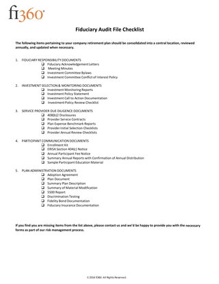 Fiduciary Audit File Checklist 