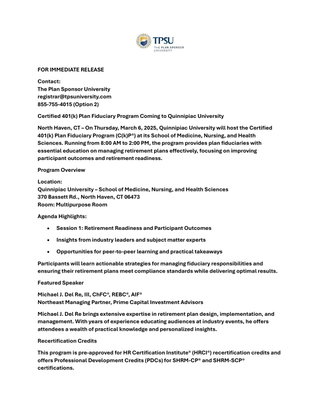 Certified 401(k) Plan Fiduciary Program Coming to Quinnipiac University