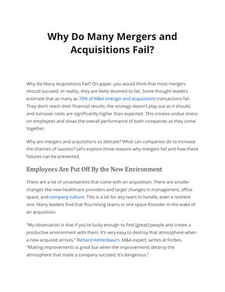 Why Do Many Mergers and Acquisitions Fail? 