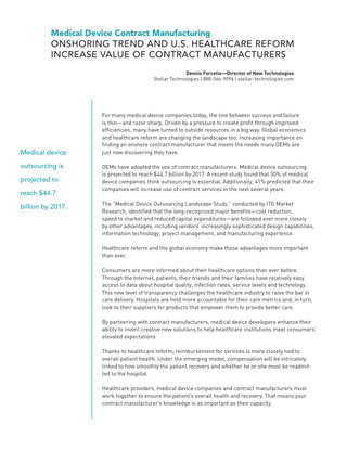 Onshoring Trend And U.S. Healthcare Reform Increase Value Of Contract Manufacturers