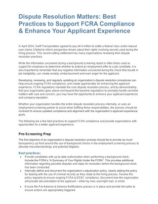 Dispute Resolution Matters: Best Practices to Support FCRA Compliance