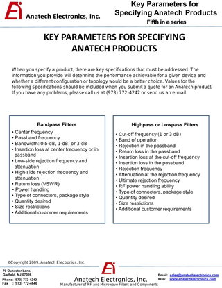 KEY PARAMETERS FOR SPECIFYING ANATECH PRODUCTS