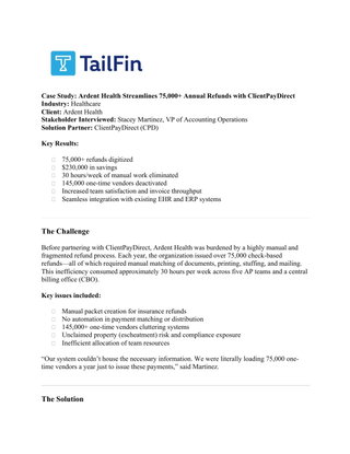 Patient Refund Problem Solved: Ardent Health Uses TailFin to Solve their Biggest AP Headache