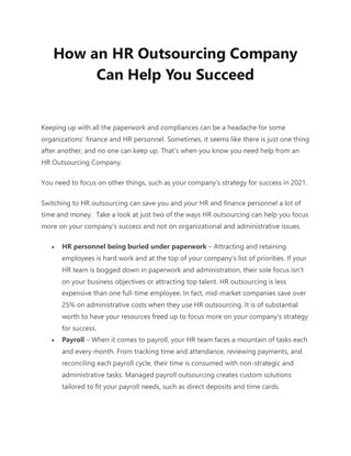 How an HR Outsourcing Company Can Help You Succeed 