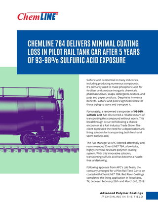 Rail Tank Car shows minimal Coating Loss over 5 years in 93-98% Sulfuric Acid service with ChemLine®