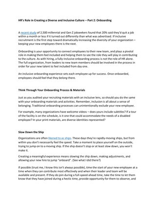 HR's Role in Creating a Diverse and Inclusive Culture - Part 2:  Onboarding