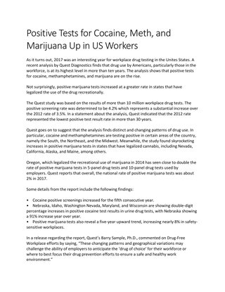 Positive Tests for Cocaine, Meth, and Marijuana Up in US Workers