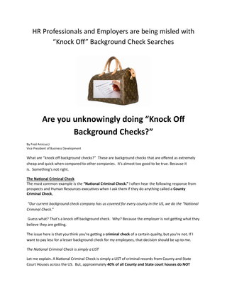 HR Professionals and Employers are being misled with “Knock Off” Background Check Searches