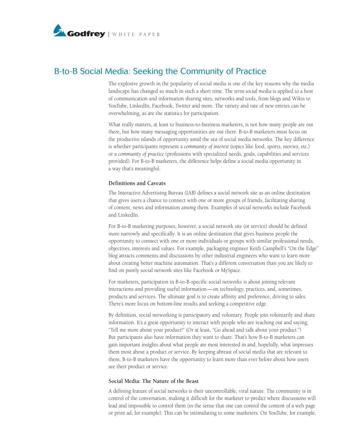 B2B Social Media: Seeking the Community of Practice