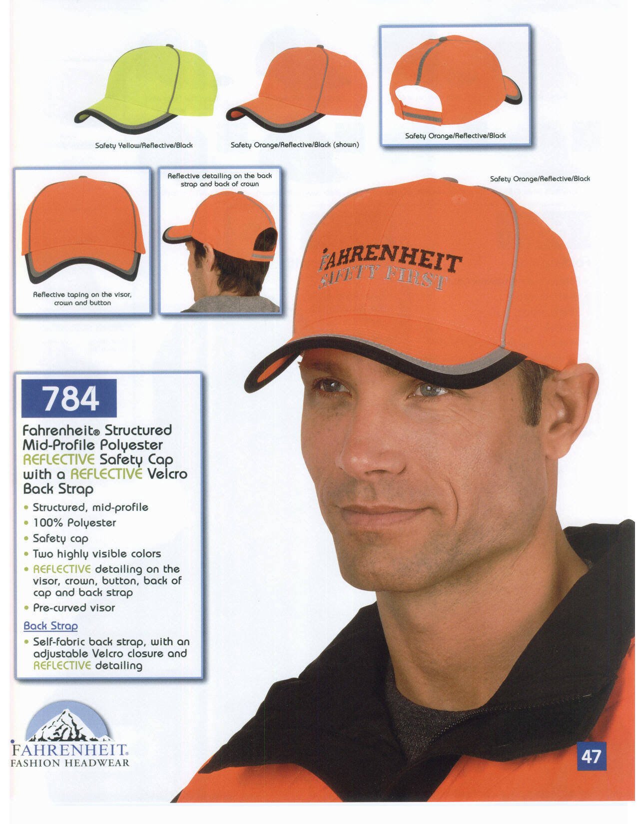 Mid Profile Polyester Reflective Safety Cap with reflective Velcro back strap. Style # 784