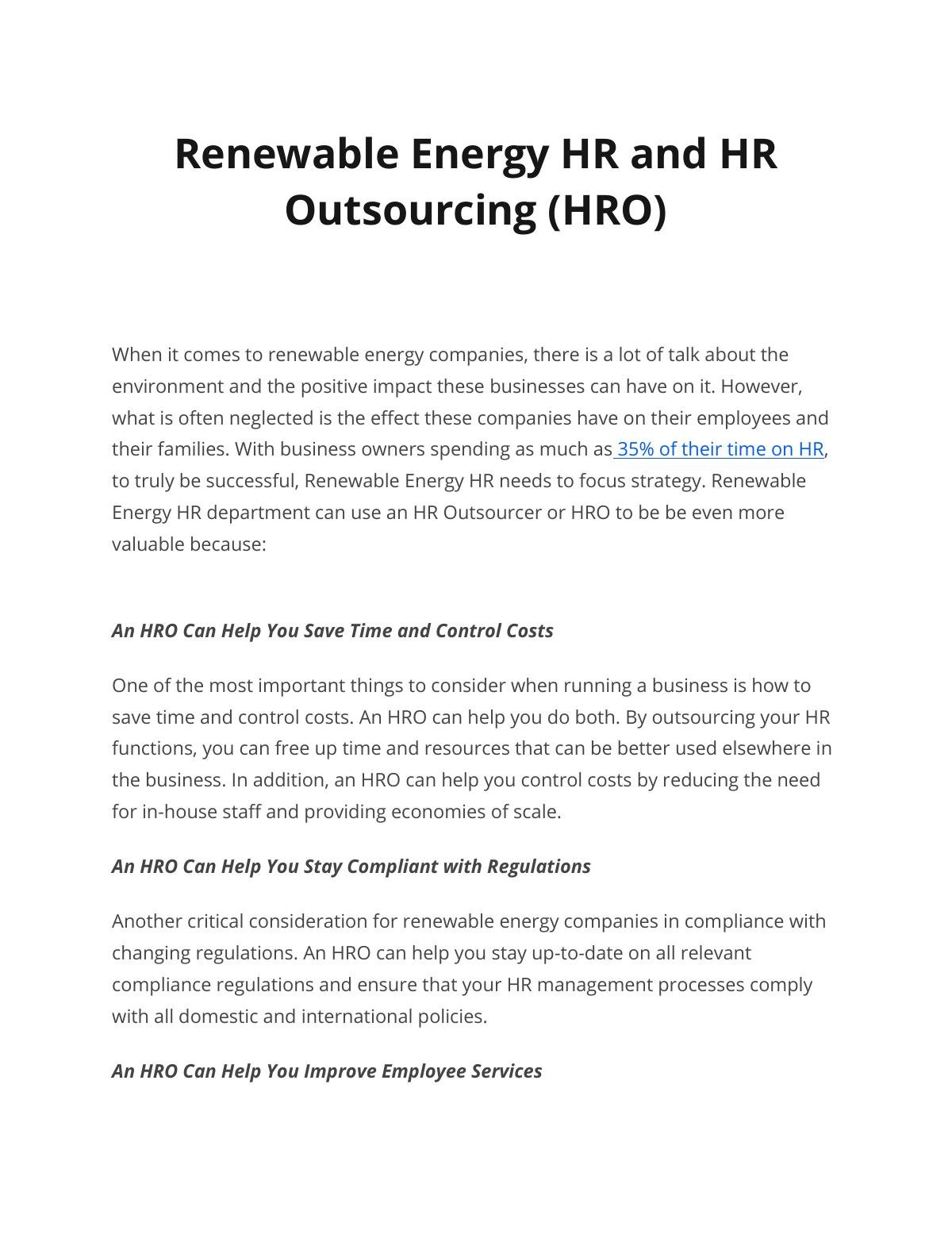 Renewable Energy HR and HR Outsourcing (HRO)