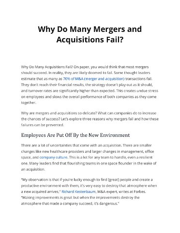 Why Do Many Mergers and Acquisitions Fail? 