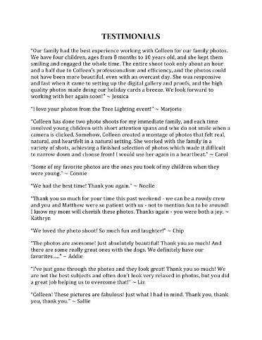 Testimonials for Colleen Kerrigan Photographs
