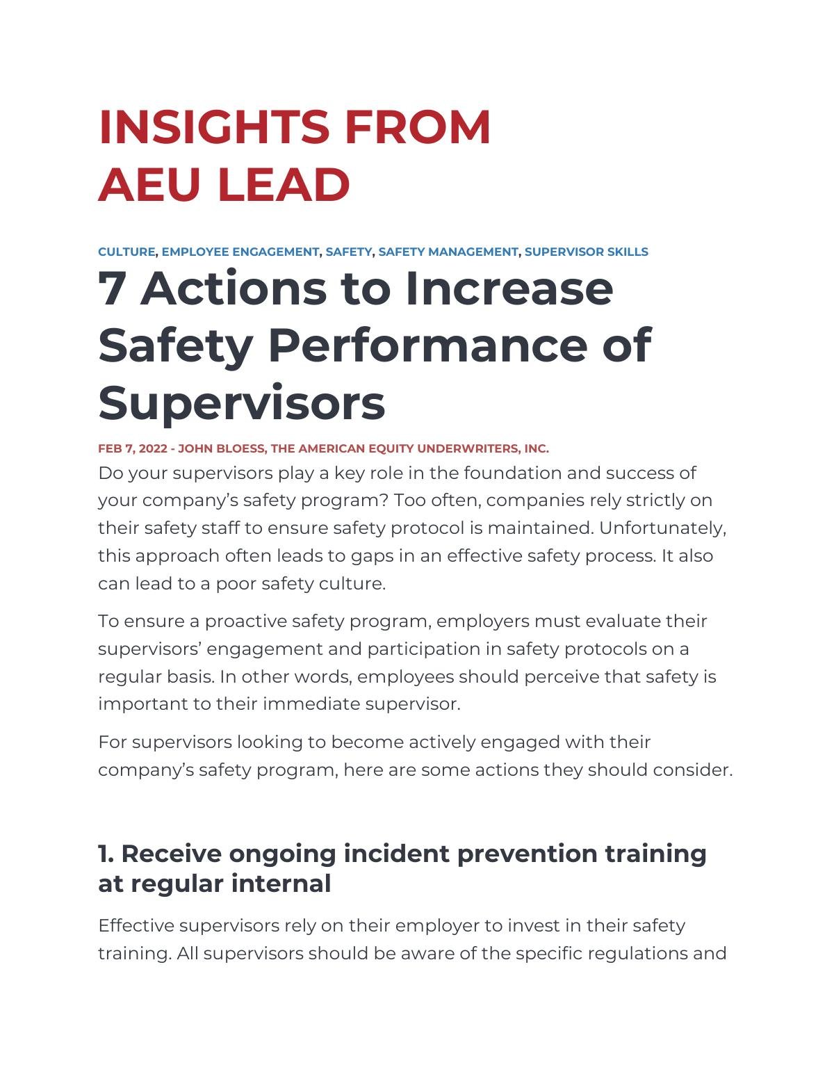 7 Actions to Increase Safety Performance of Supervisors